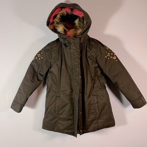 CATIMINI girls size 6 black winter coat parka gold embroidery pink white fur